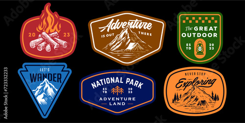 colorful mountain rustic badge design for t-shirt. set collection of vintage adventure badge. Camping emblem logo with mountain illustration in retro style isolated on black background