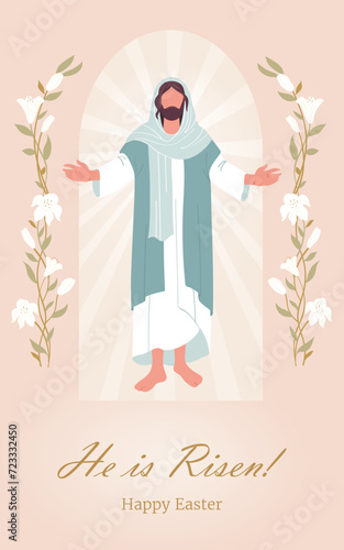  Religious card. He Is Risen.Celebration of Ressurection  .Happy Easter Sunday Day Illustration with Jesus,   for Web Banner or Landing Page in Hand Drawn Templates.Vector