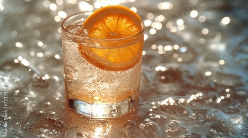 a close up of a glass of water with a slice of an orange on the rim of the glass and water bubbles around the glass and the edge of the glass.