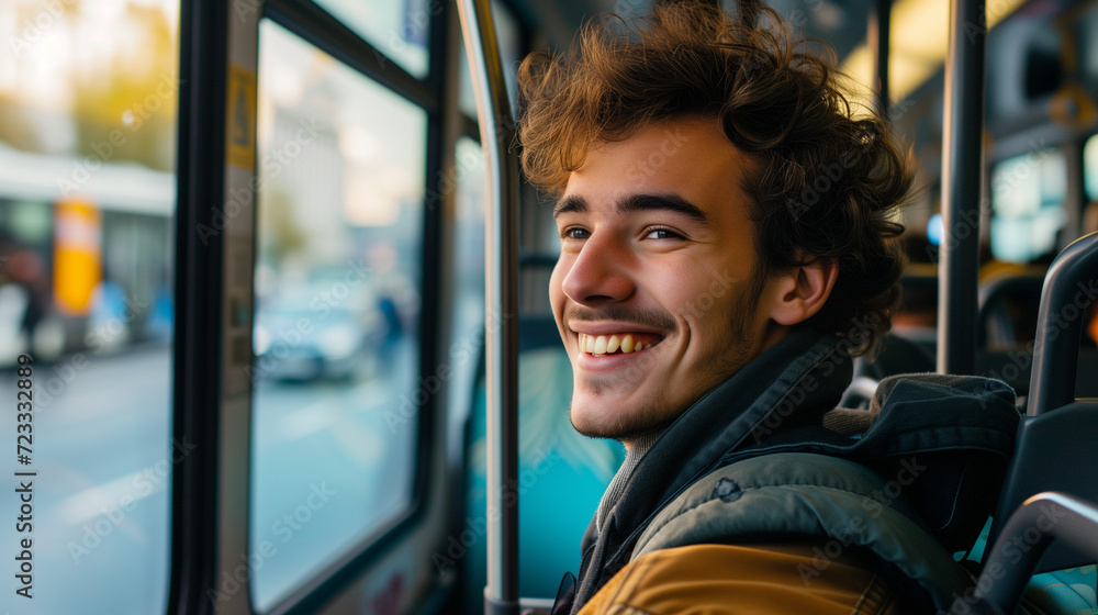 Smiling happy man sitting in bus Smiling happy man sitting in bus