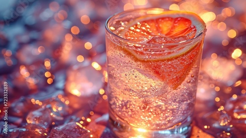  a close up of a drink in a glass with a slice of orange on the rim and ice cubes on the bottom of the glass and lights in the background.