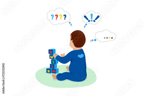 Baby boy play with blocks. Cubes tower with letters autism Vector Isolated. World Autism Awareness Day.