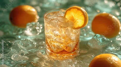  a close up of a glass of water with oranges in the background and ice on the bottom of the glass and a few oranges on the bottom of the glass.
