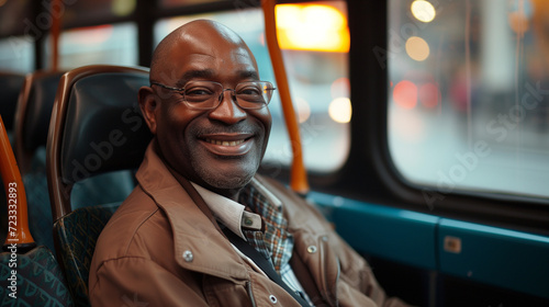 Smiling happy man sitting in bus