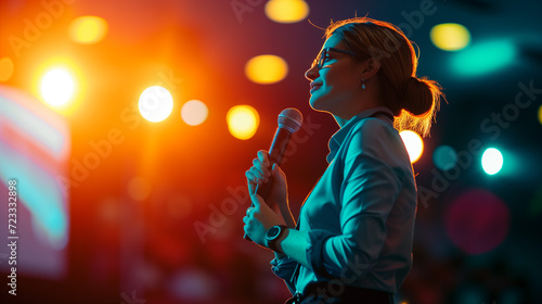 Woman standing on stage speaking in a microphone and addressing the audience. photo