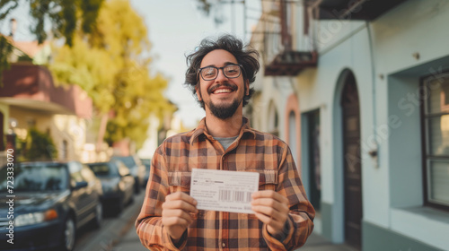 Happy man with a winning lottery ticket photo