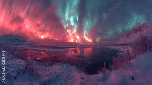  an aurora bore over a body of water with snow on the ground and a sky full of aurora bores above the water and snow on the ground, and in the foreground. photo