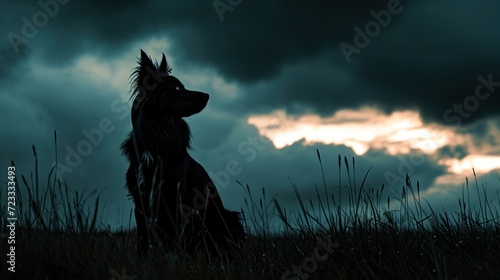 Silhouette of a Lone homeless Dog Against a Stormy Evening Sky. The silhouette of a solitary dog is outlined against the dramatic backdrop of night sky  symbolizing the plight of homeless animals.