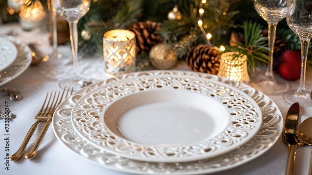 a close up of a plate on a table with silverware and a christmas tree in the background with pine cones and pine cones in the center of the table. a close up of a plate on a table with silverware and a christmas tree in the background with pine cones and pine cones in the center of the table.