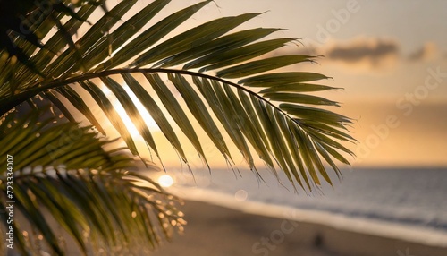 Liście palmy, plaża, zachód słońca. Generative AI