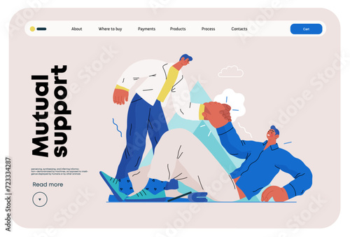 Mutual Support: Helping a fallen person get up -modern flat vector concept illustration of man assisting another man to stand up A metaphor of voluntary, collaborative exchanges of resource, services