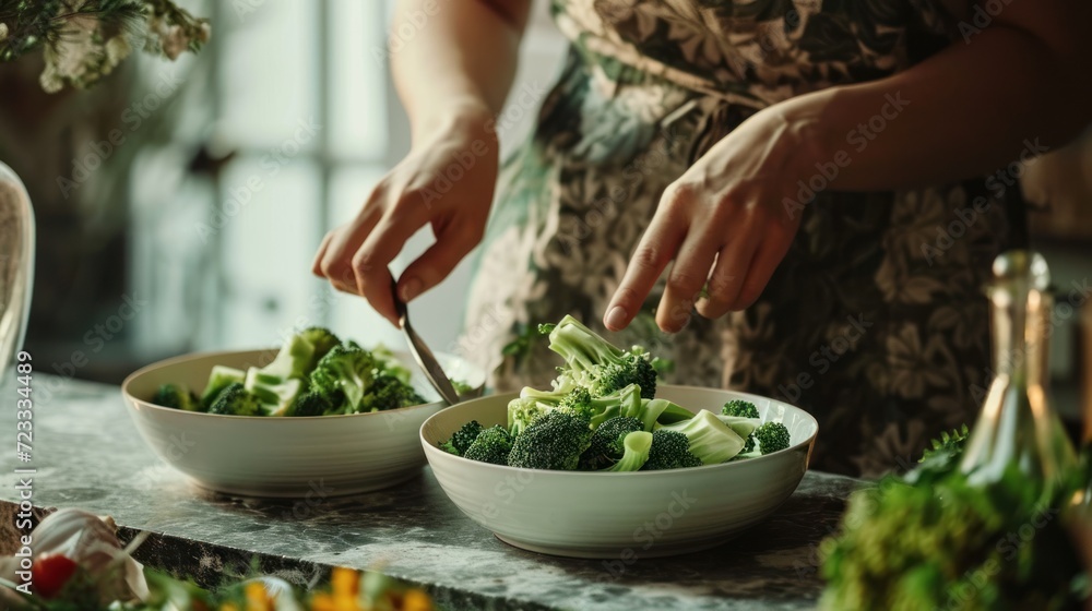  a woman cutting broccoli in a bowl with a knife and a bowl of broccoli in front of her and another bowl of broccoli in the background.