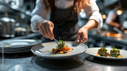  a person in a kitchen preparing food on a plate with a knife and fork in front of a plate of food on a table with other plates and a woman in the background. © Nadia