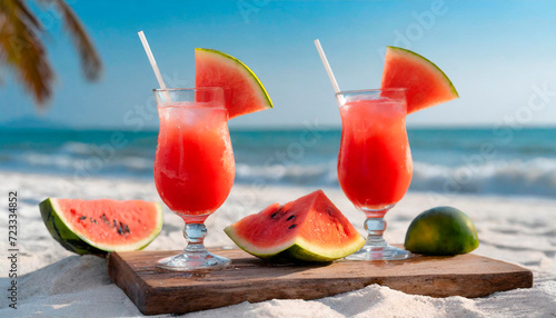 Tropical watermelon cocktails on a paradise beach. Directly on the sand facing the sea for an aperitif of pure relaxation during a day of holiday at the seaside. Thirst-quenching drink ideas.