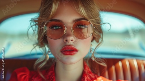  a close up of a woman wearing sunglasses and a red dress sitting in a car with a red scarf around her neck and her hair blowing in the wind in the wind. © Nadia