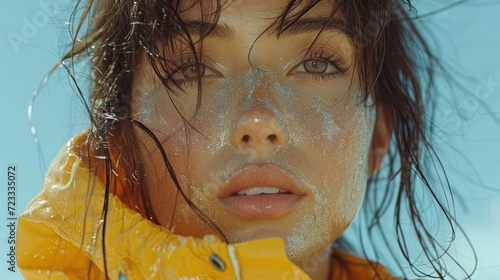  a close up of a woman's face with water on her face and a yellow jacket on her shoulders and a blue sky in the background with white clouds.