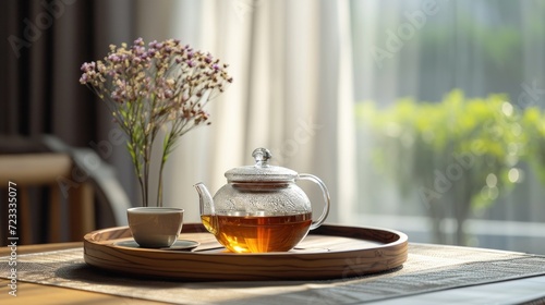  a cup of tea and a teapot on a tray on a table in front of a window with a vase of flowers and a teapot in the foreground.