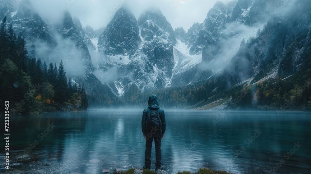  a person standing in front of a body of water with a mountain range in the background and fog hanging over the top of the water and the mountains in the foreground.
