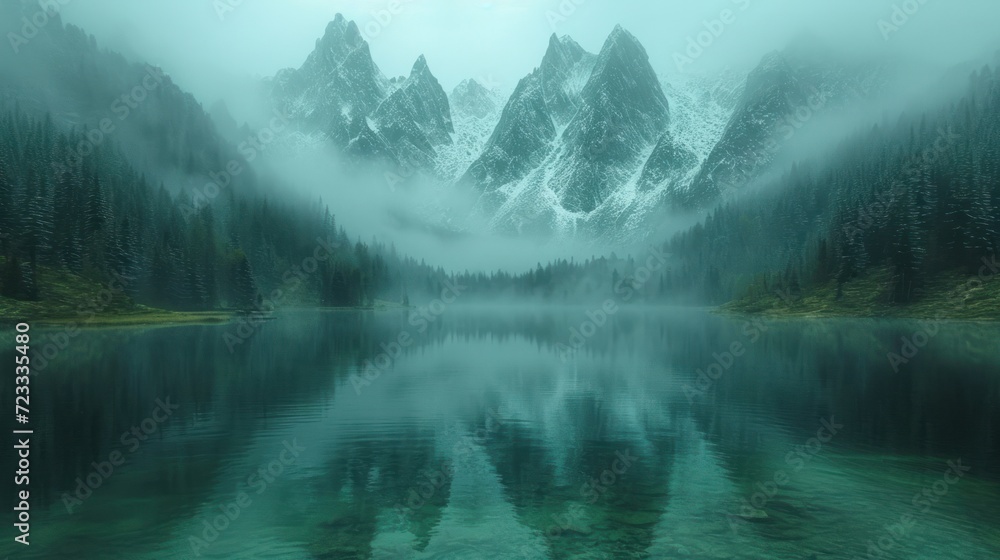  a body of water surrounded by mountains covered in fog and mist with trees on both sides of the water and a mountain range in the distance with snow on the top.