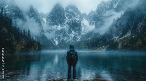  a person standing in front of a body of water with a mountain range in the background and fog hanging over the top of the water and the mountains in the foreground. photo