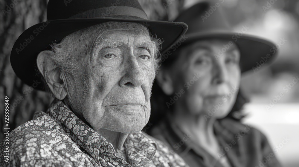 a black and white photo of an old man and an older woman with hats on their heads, standing next to a tree, in front of a black and white background. a black and white photo of an old man and an older woman with hats on their heads, standing next to a tree, in front of a black and white background.