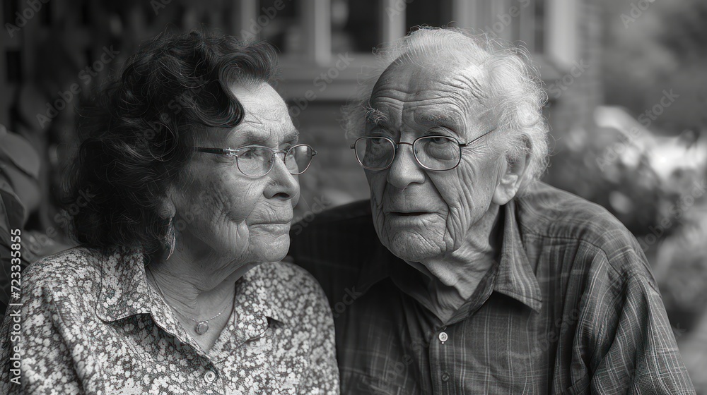 a black and white photo of a man and a woman sitting next to each other in front of a building and looking at the camera man's right side. a black and white photo of a man and a woman sitting next to each other in front of a building and looking at the camera man's right side.