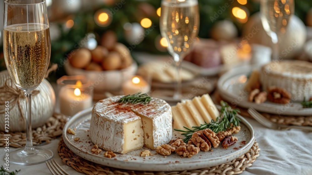  a white plate topped with a piece of cake next to a glass of wine and a plate of cheese and crackers next to a glass of wine on a table.