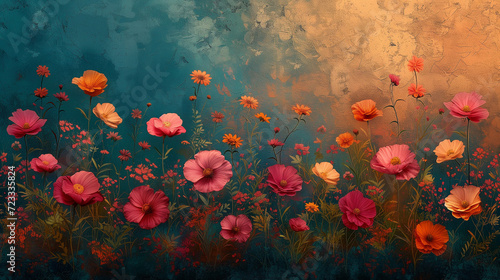 poppies in the fieldو Watercolor background with flowers and plants © Mamital