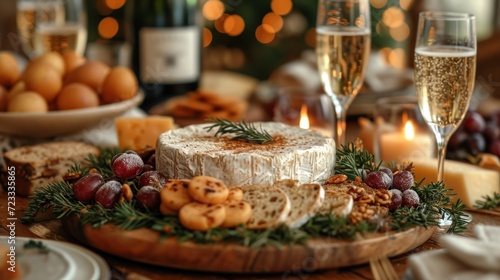  a wooden platter topped with a piece of cheese next to a glass of wine and a plate of crackers and crackers next to a bottle of wine.