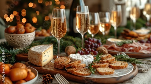  a close up of a plate of food near a glass of wine and a plate of cheese and crackers on a table with a christmas tree in the background.