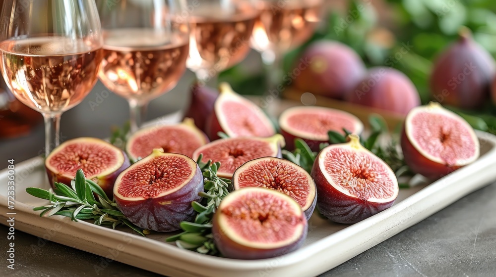 a white plate topped with sliced figs next to a glass of wine and a bunch of other glasses of wine on a table next to a bunch of figs of figs. a white plate topped with sliced figs next to a glass of wine and a bunch of other glasses of wine on a table next to a bunch of figs of figs.