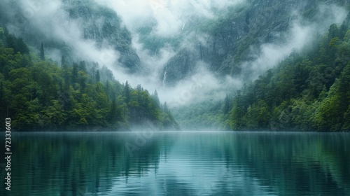  a body of water surrounded by a forest covered in fog and low lying clouds in the distance is a mountain range covered in fog and low lying low lying clouds.
