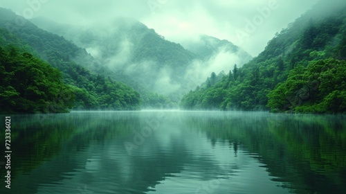  a body of water surrounded by lush green trees and a mountain range in the distance with a foggy sky in the middle of the middle of the middle of the picture. © Nadia