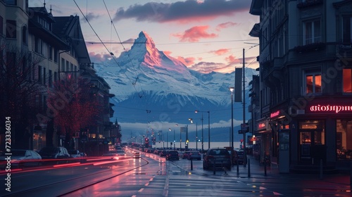  a view of a city street with a mountain in the background at dusk with a red light in the foreground and a few cars on the road in the foreground.