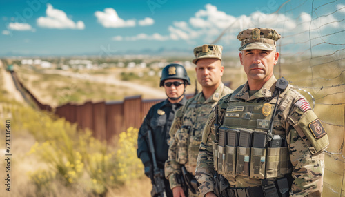 Texas National Guard. Portrait of a border patrol agent, a Texas traffic patrol officer and a police officer standing against a border
