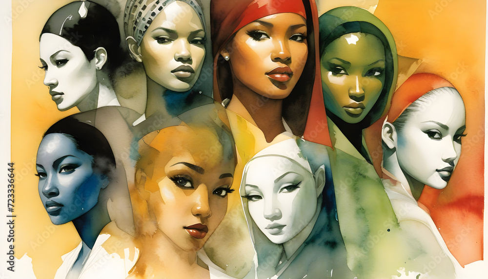 Obraz premium Illustration in pencil, oil paint, photography and watercolor, showing different ethnicities of women around the world 