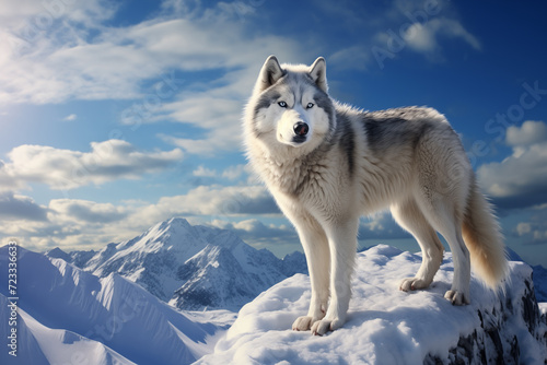 Siberian husky dog in the high winter mountains