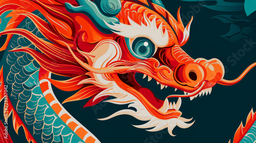 Illustration of a colorful Chinese dragon close up on a blue background © dwoow