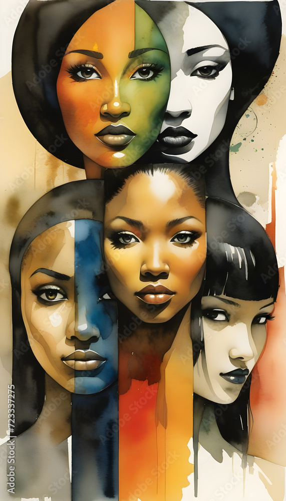 Obraz premium Illustration in pencil, oil paint, photography and watercolor, showing different ethnicities of women around the world 