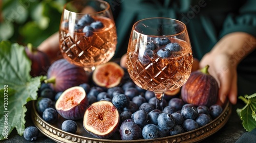  a close up of a plate of fruit with a person holding a glass of wine and a plate with figs and blueberries on a table with green leaves.