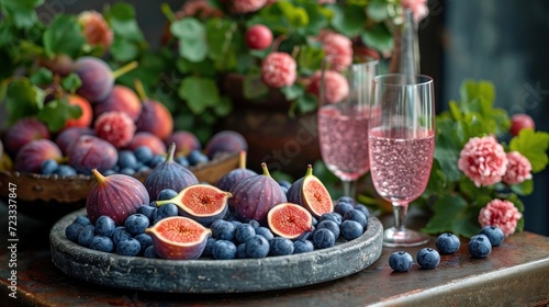  a plate of grapes  figs  and blueberries with a glass of wine on a table next to a potted plant and a vase with pink flowers.