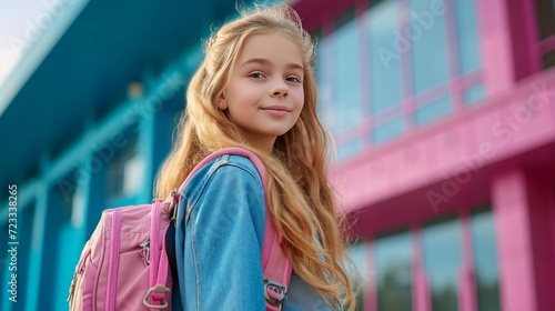Fashionable girl 12 years old with long blond hair goes to school with a pink...