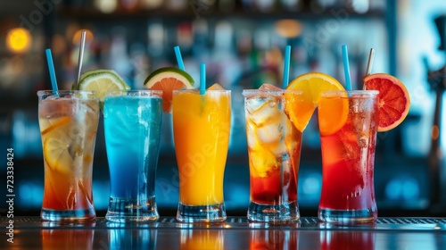 Multi-colored alcoholic cocktails stand in a row on the bar counter