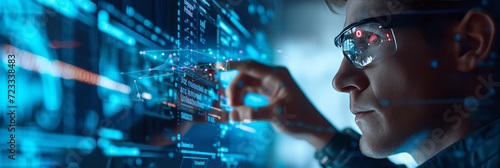 A businessman collaborates with AI algorithms, fostering innovation in a high...