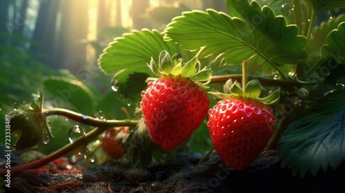 A wild strawberry plant with red shiny berries. A dense  beautiful forest  rays of sunlight.