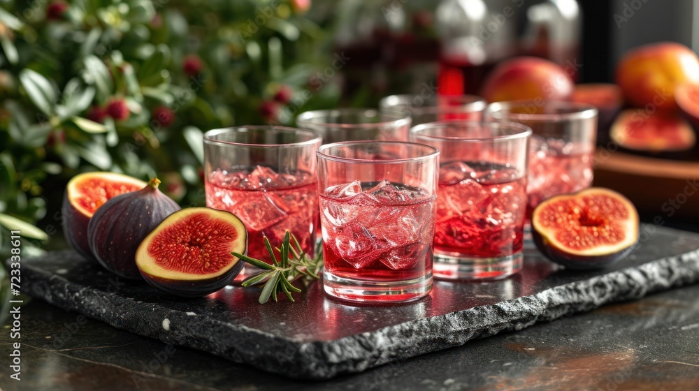 a tray topped with glasses filled with liquid next to a sliced figurine and a whole figurine on top of a counter top of a marble slab. a tray topped with glasses filled with liquid next to a sliced figurine and a whole figurine on top of a counter top of a marble slab.