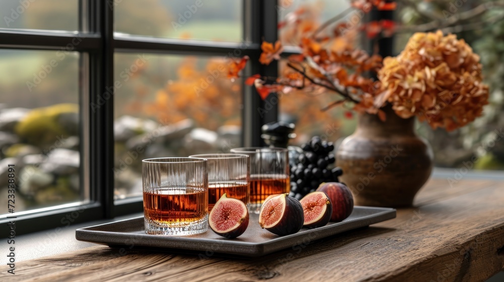 a tray of fruit and two glasses of wine on a window sill next to a vase of flowers and a window sill with a window in the background. a tray of fruit and two glasses of wine on a window sill next to a vase of flowers and a window sill with a window in the background.