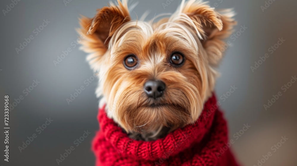 Fluffy little Yorkshire terrier dog in a red knitted sweater looks at the camera