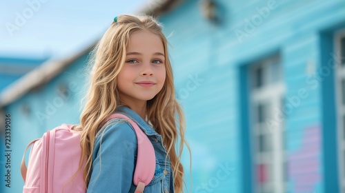 Fashionable girl 12 years old with long blond hair goes to school with a pink...