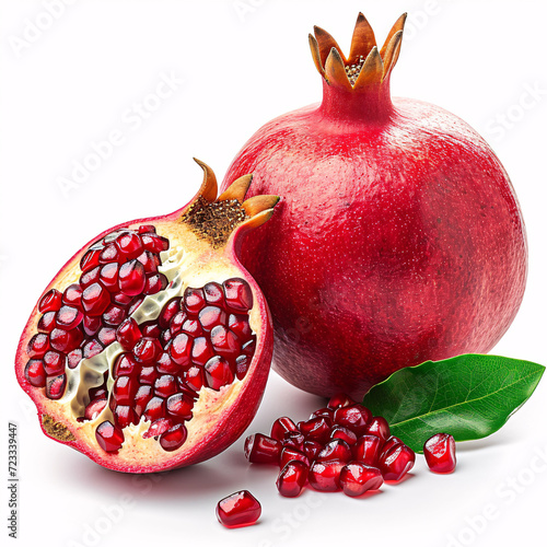 Fresh Pomegranate fruit with water droplets and cut in half isolated on white background. Clipping path.